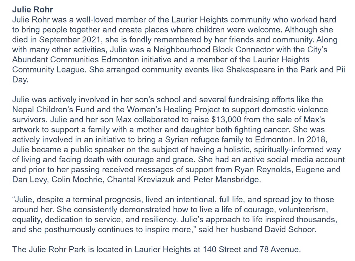 Fantastic tribute for a fantastic woman. 

City of Edmonton names Laurier Heights park in honour of Julie Rohr. #yeg #yegcc