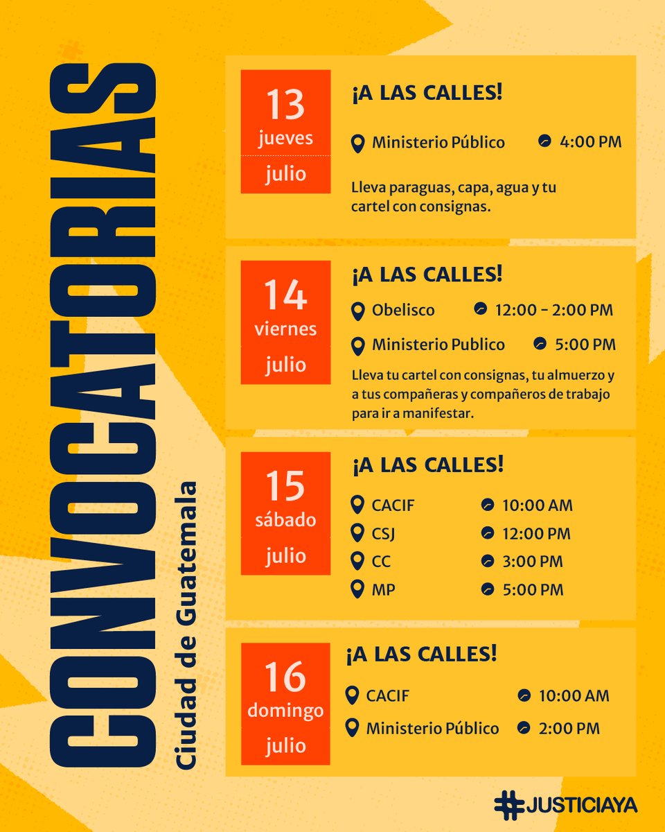 justiciayagt's tweet image. Ha llegado el momento de organizarnos y tomar las calles. No vamos a permitirle a los golpistas que se roben la voluntad popular. Si estás en la Ciudad de Guatemala, estas son las convocatorias. ¡Nos vemos ahí! #ALasCalles