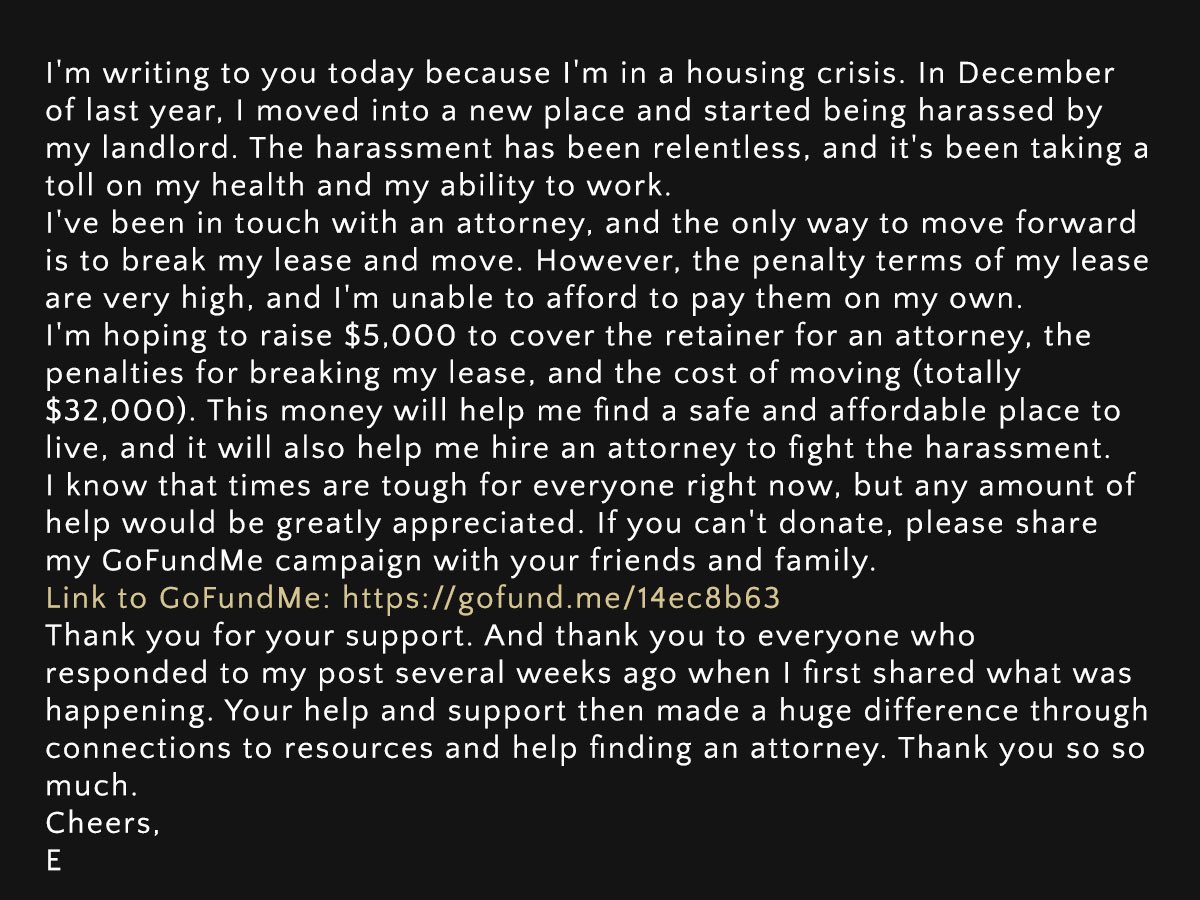 HookieDuke's tweet photo. Note regarding current housing crisis + ask for help. 
Ive been answering some questions on insta about what is going on. Thank you to my friends who set this up and each donation that already have helped acquire an attorney to obtain safety. 🙏🏼 https://t.co/seJy3vLD1t