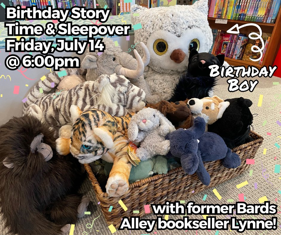 We're kicking off 6th anniversary celebrations tomorrow with an evening story time at 6pm, best for ages 3-7!

Bring your stuffed animal friend(s) for story time, let them stay the night at Bards Alley, and pick them back up on Saturday! Come celebrate Owly's 6th birthday 💝🎉