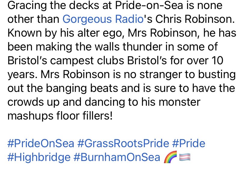 Gracing the decks at Pride-on-Sea is none other than Gorgeous Radio's Chris Robinson. Known by his alter ego, Mrs Robinson, he has been making the walls thunder in some of Bristol’s campest clubs

#PrideOnSea #GrassRootsPride #Pride #Highbridge #BurnhamOnSea 🌈🏳️‍⚧️