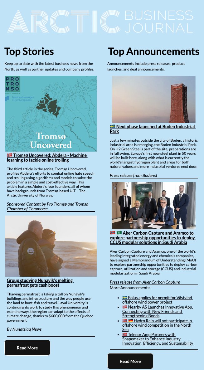 Our latest #newsletter is out now!

The latest announcements:

- 🇸🇪 Next phase launched at Boden Industrial Park (@H2GreenSteel)
- 🇳🇴 🇸🇦 <a href="/AkerCarbon/">Aker Carbon Capture</a> Capture and <a href="/aramco/">aramco</a> to explore partnership opportunities.

Read more at mailchi.mp/arcticnow/at-a…

#arctic