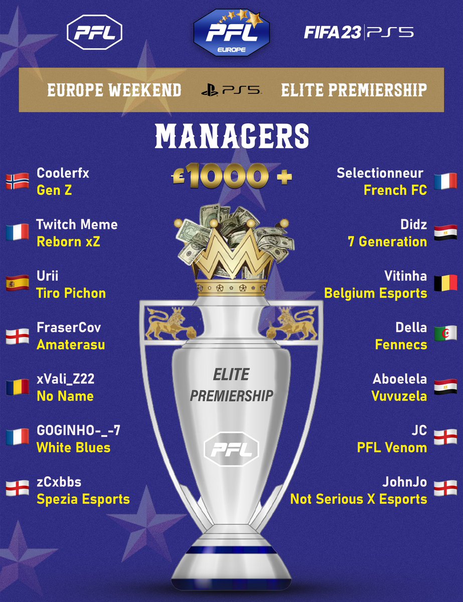 PFL (@officialpfl_) on Twitter photo Welcome to all teams taking part good luck in the season ❤️
🏆 Europe Elite Premiership
🎮 PS5
📅 14th July
@VenomCFx
@WhiteBluesFC
<a href="/VuvuzelaEgy/">Vuvuzela</a>
@Della_alp
<a href="/MemeZ94/">MemeZ</a>
<a href="/Uriiii_17/">𝐔𝐑𝐈 🎮</a>
<a href="/FraserCov/">FraserCov</a>
@CoolerFX17
@xVali_Z22
<a href="/xVitinha8x/">Volta Calcio</a>
<a href="/NotSeriousX_/">NotSeriousX</a>
@SpeziaEsports
#FIFA23 #PS5 #ProClubs Welcome to all teams taking part good luck in the season ❤️
🏆 Europe Elite Premiership
🎮 PS5
📅 14th July
@VenomCFx
@WhiteBluesFC
<a href="/VuvuzelaEgy/">Vuvuzela</a>
@Della_alp
<a href="/MemeZ94/">MemeZ</a>
<a href="/Uriiii_17/">𝐔𝐑𝐈 🎮</a>
<a href="/FraserCov/">FraserCov</a>
@CoolerFX17
@xVali_Z22
<a href="/xVitinha8x/">Volta Calcio</a>
<a href="/NotSeriousX_/">NotSeriousX</a>
@SpeziaEsports
#FIFA23 #PS5 #ProClubs