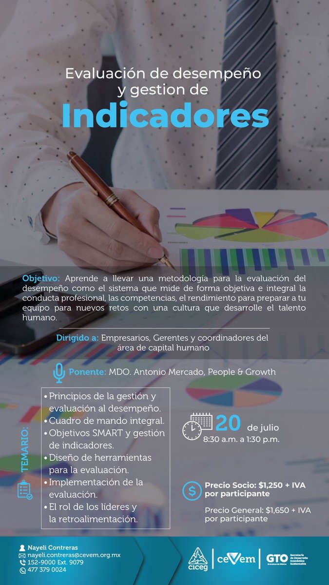 CEVEMCapacita's tweet photo. EVALUACIÓN DE DESEMPEÑO Y GESTION DE INDICADORES

🗓️🕚 FECHA | HORA:
20 de julio

⏰ 8:30 am a 1:30 pm 

📍 Instalaciones de CICEG

💰 INVERSÍON:
Precio Socio: $1,250 + IVA
Precio general: $1,650 + IVA

➡️ REGÍSTRATE AQUÍ:
https://t.co/J09By7TNKY https://t.co/oOoJU4BMUG