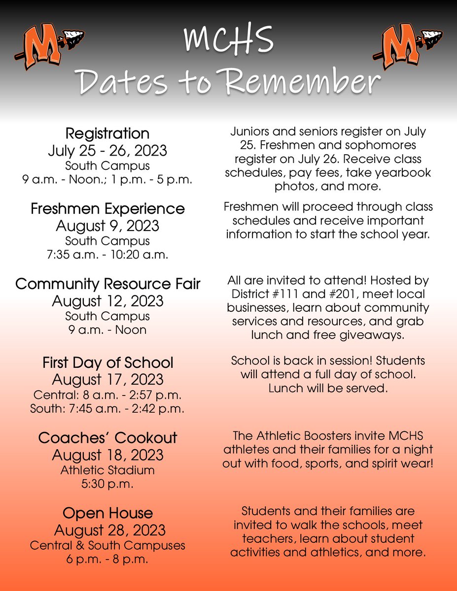 MCHS District #111 (@mchsdistrict111) on Twitter photo Save the date for these important, fun events as we get closer to the school year! We look forward to your participation! Save the date for these important, fun events as we get closer to the school year! We look forward to your participation!