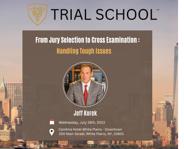 GLKLaw's tweet photo. Join Jeff Korek on July 19th in NY for From Jury Selection to Cross Examination - Handling Tough Issues.

This one-day program provides invaluable insights and practical strategies for navigating challenging aspects of trial advocacy. 

#trialschool #glklaw #lawyertime #newyork https://t.co/TihuIrzNoD