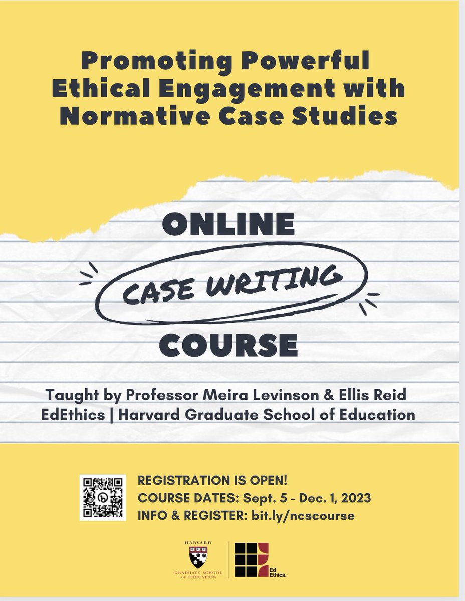 edethics's tweet photo. Learn to write case studies about ethical dilemmas in education with @meiralevinson in a new online course! Learn more and register: https://t.co/71HTZgwDns #EdEthics #casestudies #edequity @hgse https://t.co/8qXylf642z