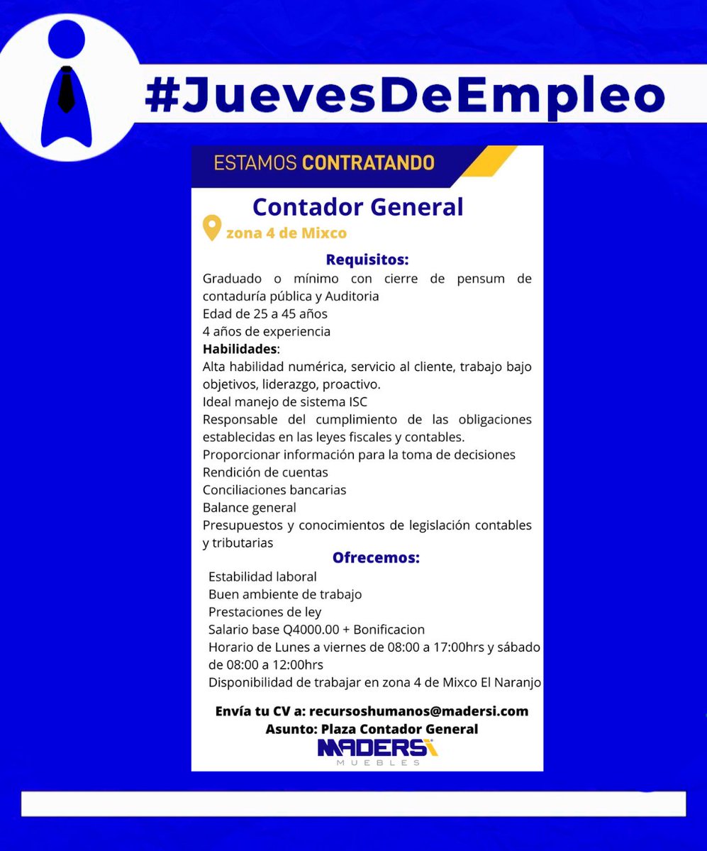 intecapoficial's tweet photo. #JuevesDeEmpleo 
Madersi contratará personal
Para aplicar envía tu CV a: recursoshumanos@madersi.com https://t.co/dYMjVeXtVa