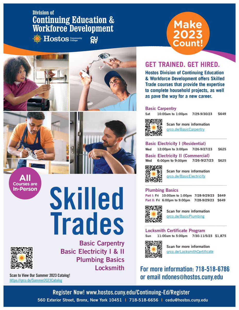 Hostos is offering #Carpentry, #Electrical, #Plumbing, and #Locksmith #summer classes, so don't miss your chance to enroll!

Contact us today or register at hostos.cuny.edu/Continuing-Ed/…!
#hostosconted #hostoscc #summerschool 

For more info and course schedule see our flyer below: