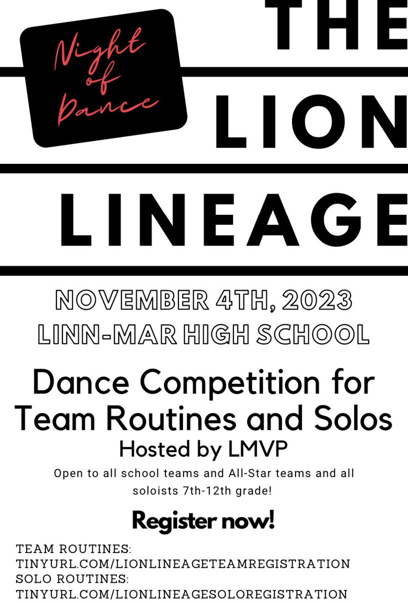 Introducing…
Night of Dance - The Lion Lineage Competition🔥 All high school, college, and All-Star teams are welcomed. Any soloists grades 7th-12th are also able to participate! Follow the links below to register❤️

tinyurl.com/lionlineagetea…
tinyurl.com/lionlineagesol…
