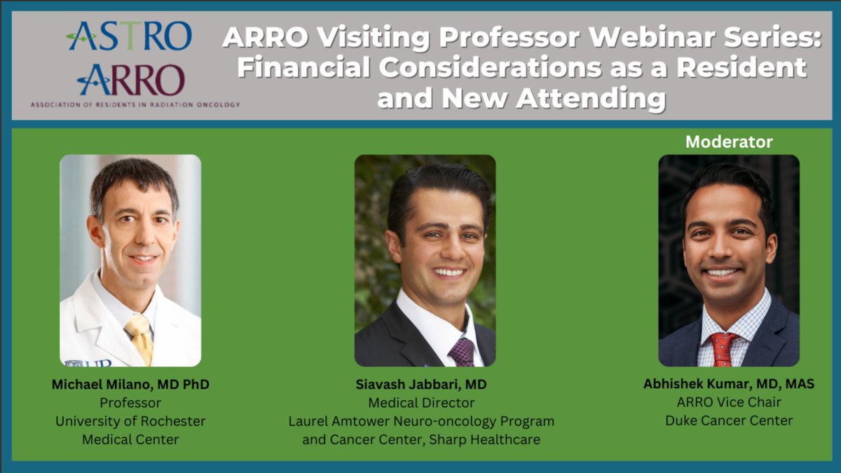 🚨 NEW ARRO Visiting Professor Webinar Series: Financial Considerations as a Resident & New Attending 🚨 We present a very special webinar discussing debts, investments, insurance, taxes & more. Moderated by ARRO Vice Chair @ShakeKumarMD astro.org/Affiliate/ARRO…