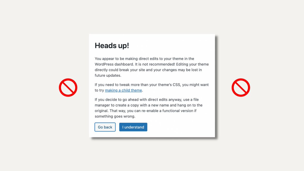 hellosammunoz's tweet photo. PSA 🚨

Please don't teach people to edit files directly via the #WordPress Theme File Editor.

It scares me that this is encouraged by some.

There's even a warning built into WP (thank goodness!). https://t.co/ub4ukySxK5