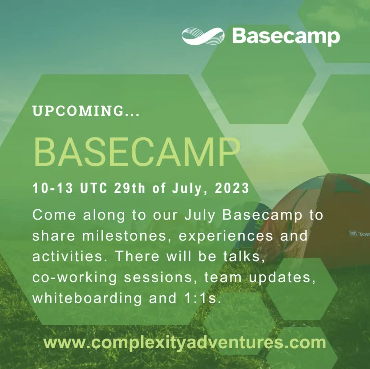 ComplexAdvent's tweet image. BASECAMP

10-13 UTC 29th of July, 2023

Come along to our July #Basecamp. There will be talks, co-working sessions, team updates, whiteboarding and 1:1s.

Register at complexityadventures.com! 

#Complexity #ComplexityAdventures #LearnByDoing #ComplexityScience #July2023 #CA