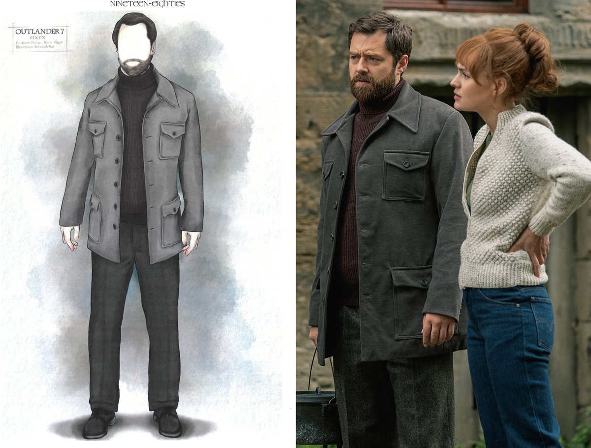 Time travel means we get to see Roger in the clothes of the 70s and 80s! And not only the clothes but the facial hair! Hair and Makeup Designer Ann McEwan described the “trim and modern beard” as “a big jump for Roger.”