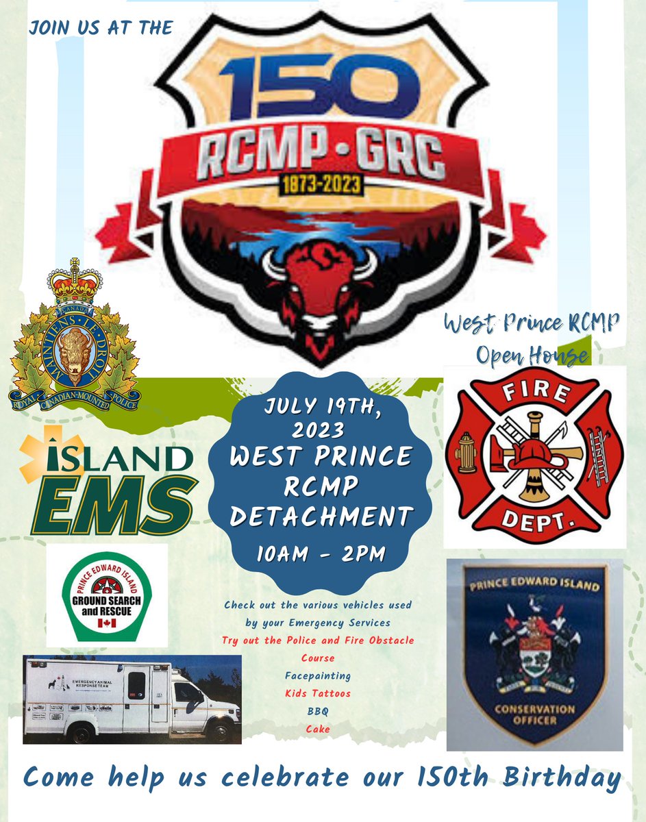RCMPPEI's tweet photo. Wow! Come out and join the PEI RCMP for their West Prince Detachment Open House! Enjoy a BBQ, cake, exciting displays from EMS services, and a fun obstacle course. Plus face painting for the kids! Don't miss the fun! #PEIRCMP #OpenHouse @IslandEMS  @PEIPublicSafety #RCMP150 https://t.co/ZvznFjUTRJ