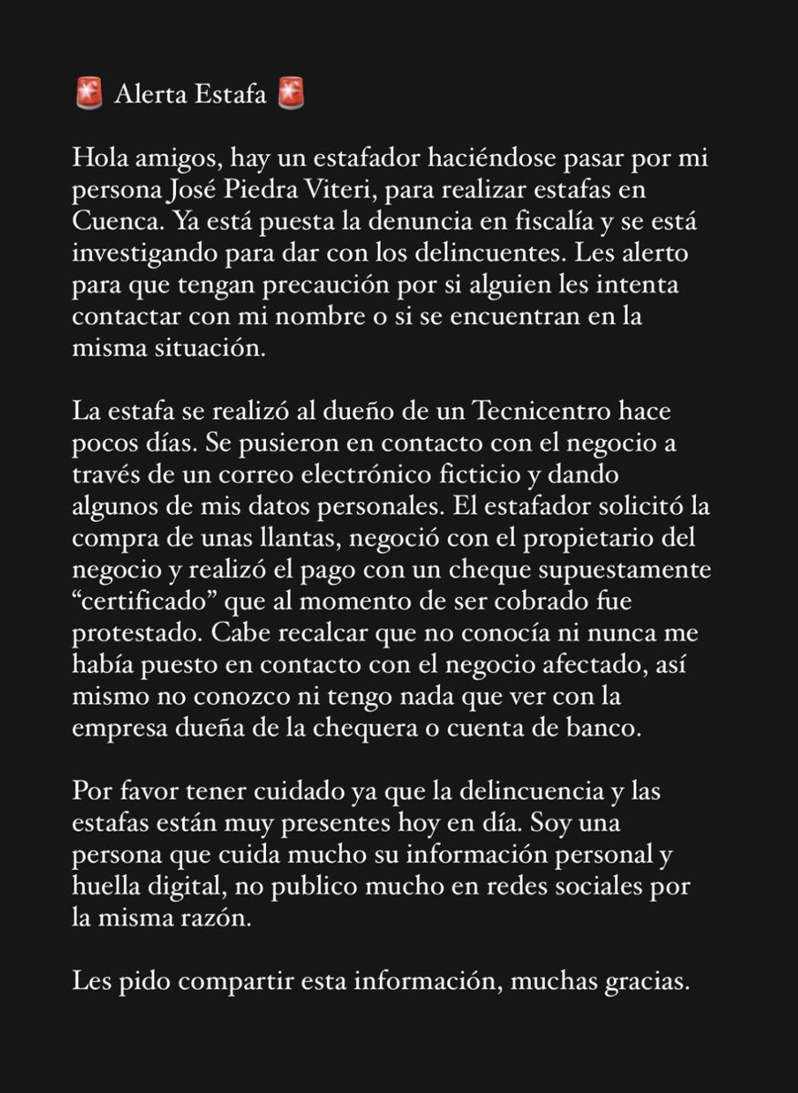 lunapiedra1's tweet photo. Amigos ayúdenme a compartir esta nueva modalidad de estafa en Cuenca, esta vez están utilizando el nombre de mi hermano José Piedra Viteri para estafar. Atención a la modalidad 👇🏻 https://t.co/NkAxRt5sgc