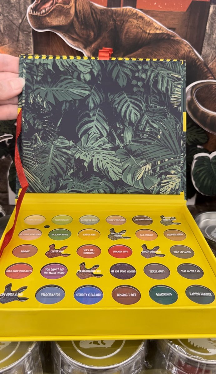 DaisyTheHuman's tweet photo. I just saw this #JurassicPark #ProfusionCosmetics display at Walmart! Having the theme music play when you open the eyeshadow palette is really clever ๐๐ฆ๐ https://t.co/lGigZGZoI3