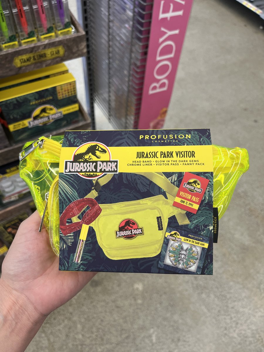 DaisyTheHuman's tweet photo. I just saw this #JurassicPark #ProfusionCosmetics display at Walmart! Having the theme music play when you open the eyeshadow palette is really clever ๐๐ฆ๐ https://t.co/lGigZGZoI3