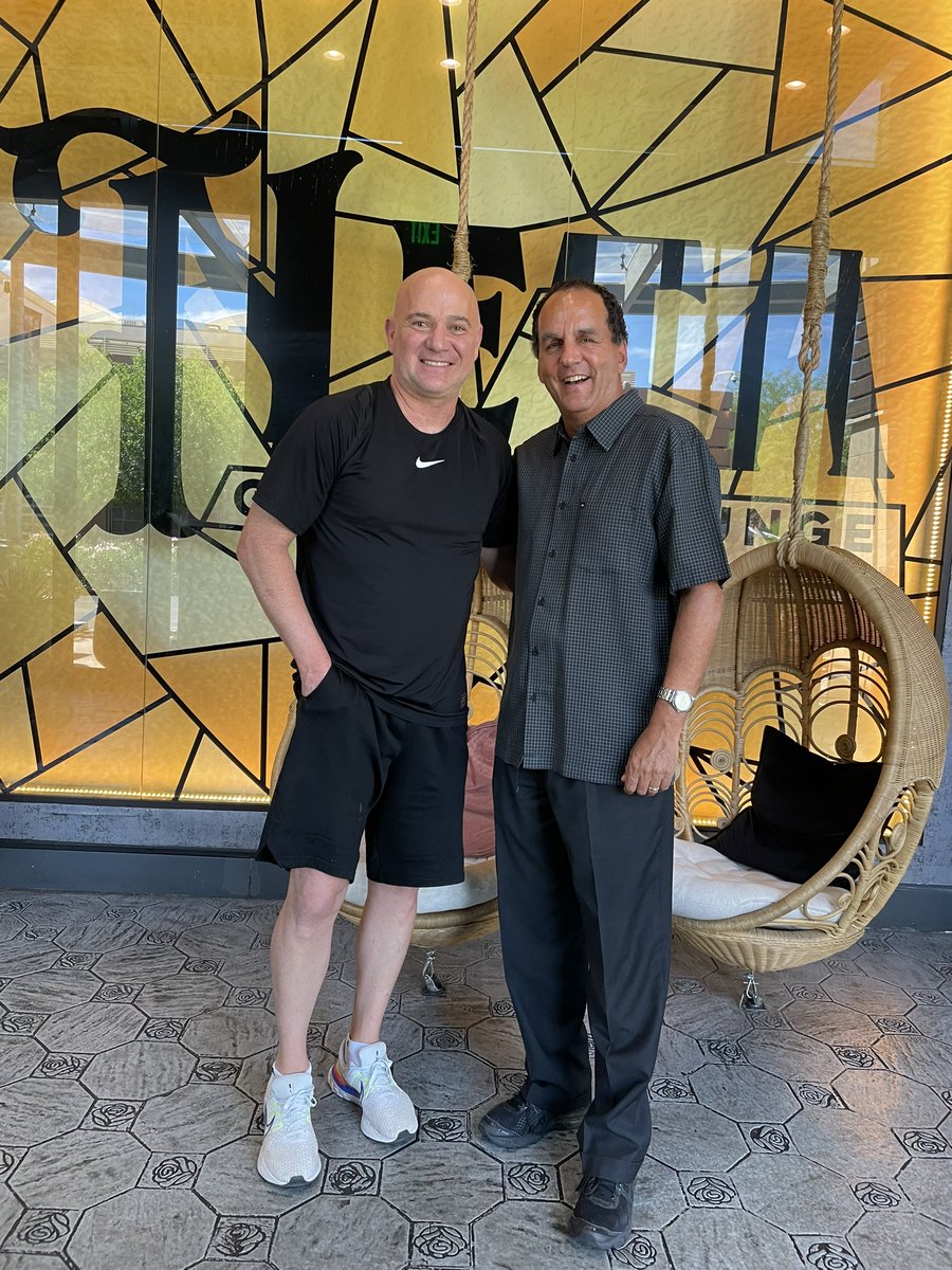 KevinJanison's tweet photo. Lunch tour ‘23!  When these two tennis legends get together, you’re looking at a combined 8 Grand Slam championships!  Thanks to “coach” Andre’s tweak on my forehand, I’m right around the corner to contributing to that number. #Tennis https://t.co/zgoFwTTGsB