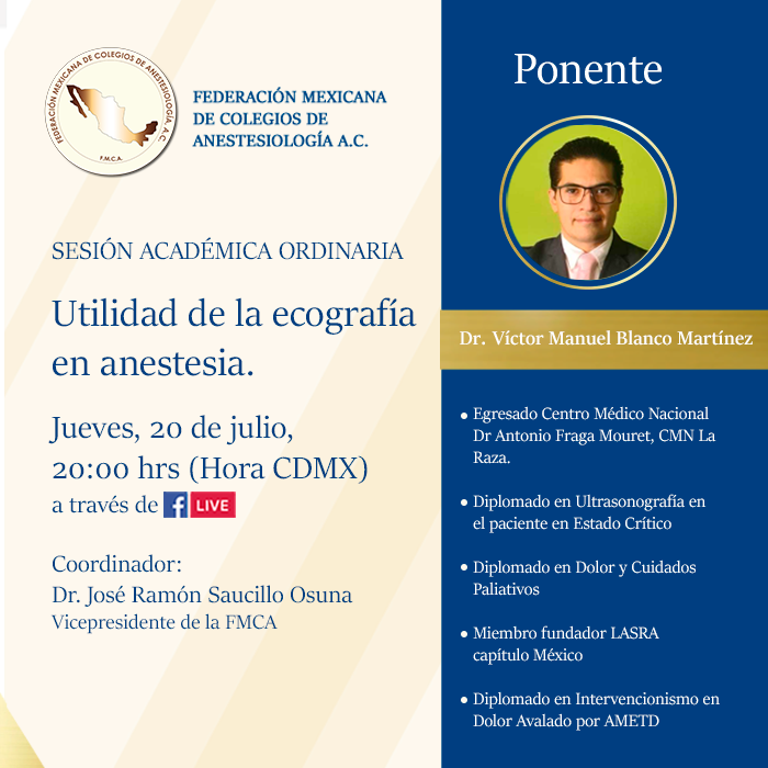 Listos para nuestra siguiente plática mensual, tendremos como invitado al Dr. Víctor Manuel Blanco Martínez con el tema "Utilidad de la ecografía en anestesia", los esperamos este jueves 20 de julio, en punto de las 8:00 p.m. (Hora CDMX).