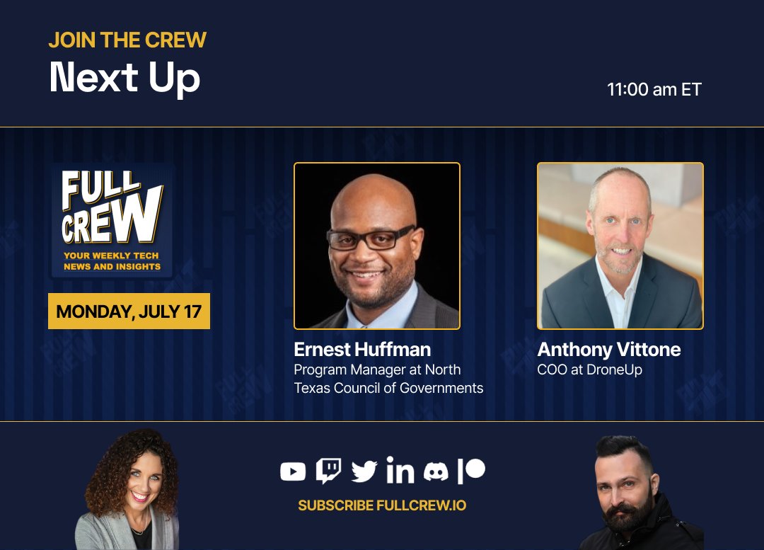 ⏩ Next up:🎙️Full Crew with Ernest Huffman of <a href="/NCTCOGtrans/">NCTCOGTransportation</a> and Anthony Vittone of <a href="/godroneup/">DroneUp</a> 

🔗youtube.com/live/_AcUdHiyc…
#drones #uas #aam #uas #technews