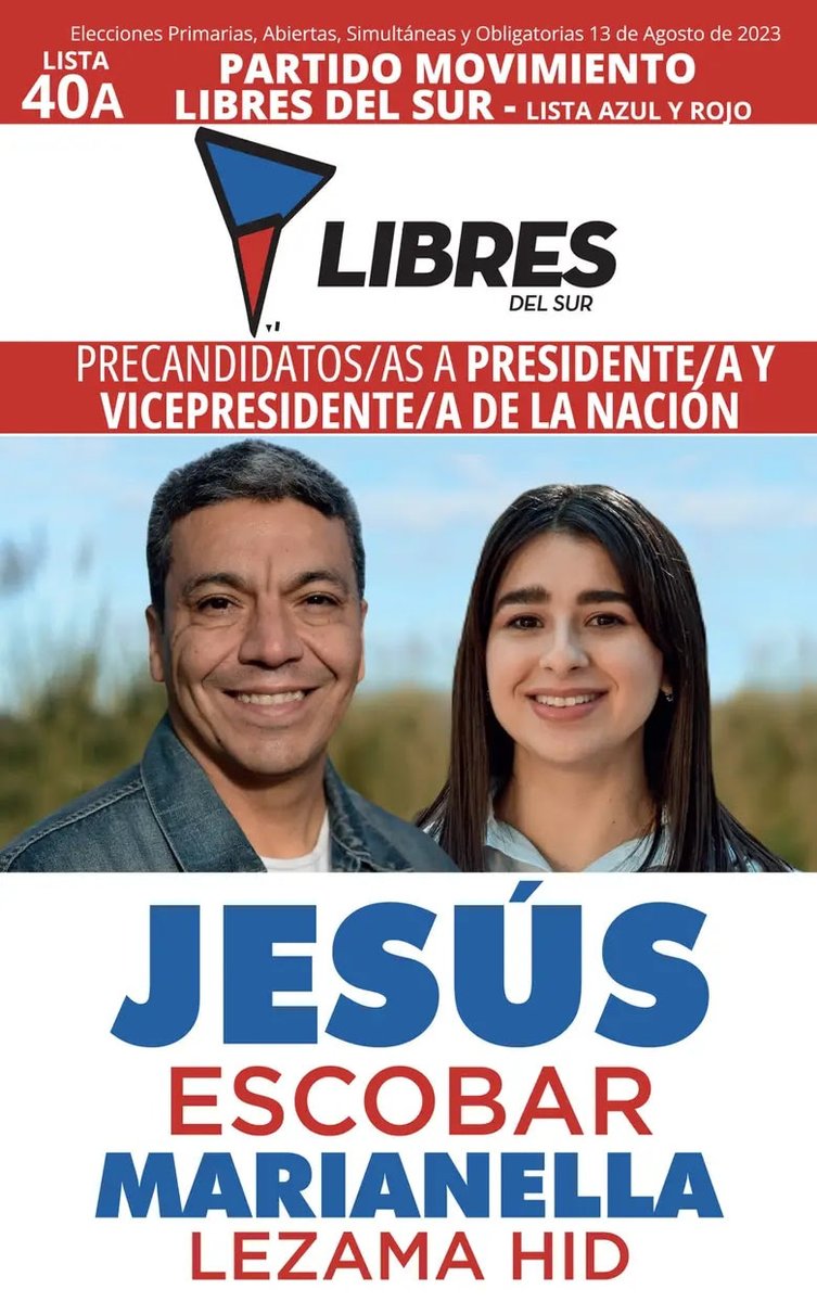 Libresdique's tweet photo. ¿Ya viste nuestra boleta?
Partido movimiento Libres del Sur 📷
Lista AZUL Y ROJO
📷📷.
Lista 40A.
Jesus Escobar Marianella Lezama Hid
#LibresdelSur #ConVos #Jesus2023 #JesusConVos #Presidente2023 #LasPaso #Argentina #lista40a #Elecciones2023 #BuenosAires #Provincia https://t.co/a1iHhyqjtU