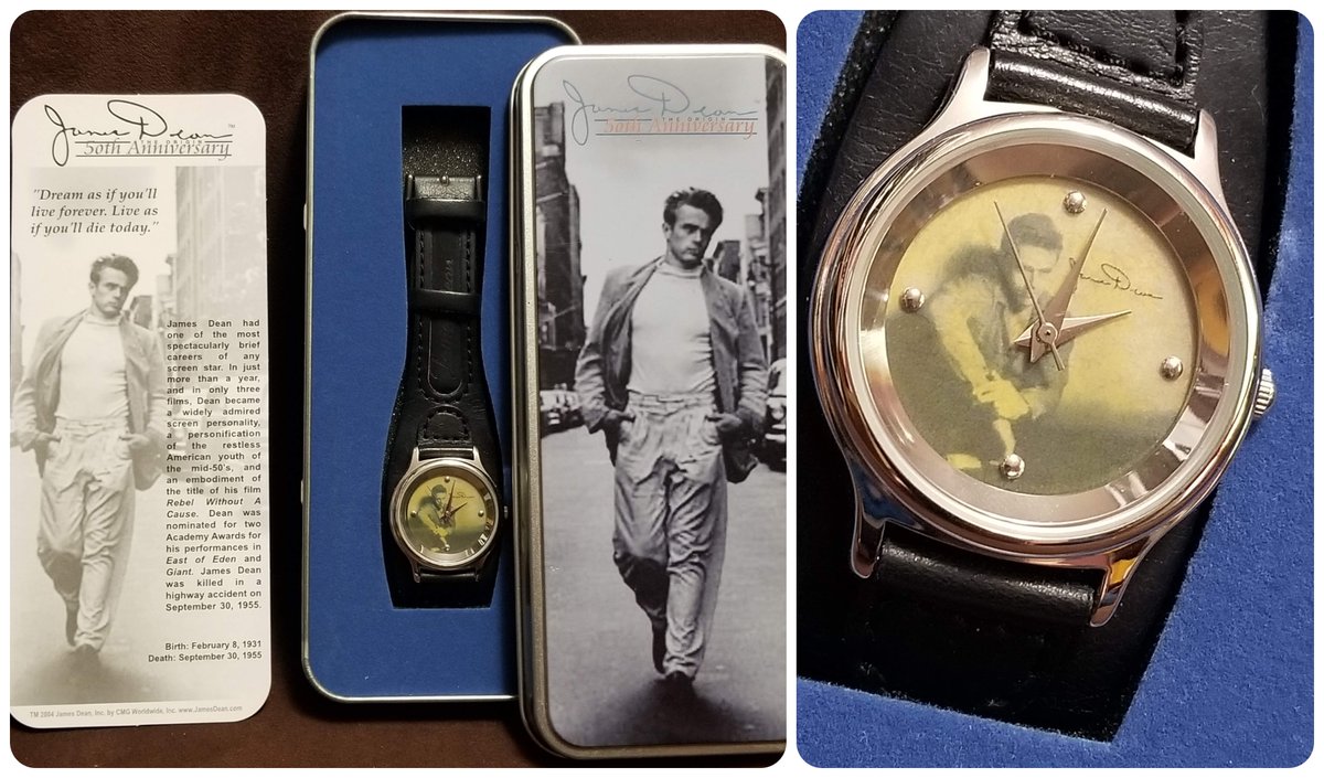TeriE's tweet photo. James Dean 50th Anniversary Watch w/ Collectible Tin Case UNWORN Vintage 2004 #vintageshowandsell #ebayfinds #vintagewatch #jamesdean #rebelwithoutacause #collectibles #50sIcon #Iconic #rebel #50thAnniversary #vintage #watch #collectibletins https://t.co/xSbVHRvD9n #eBay  @eBay https://t.co/PcgusLuIKa