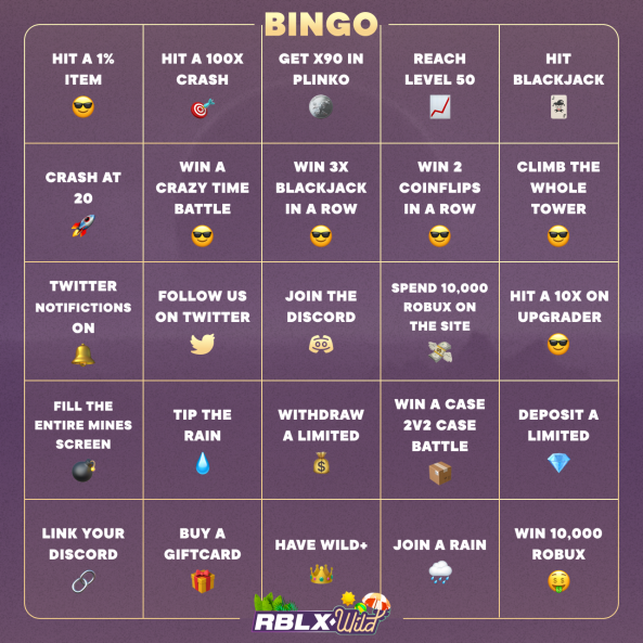 RBLXWild bingo 😎 How many of these have you completed? Let us know in the comments the one with the most might win some Robux 👀