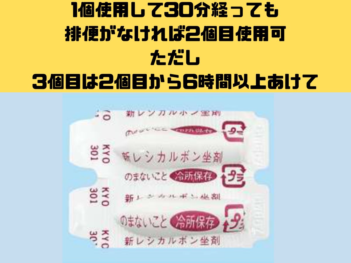 【新レシカルボン効かない時は？】

便秘がひどい時の坐薬の一つに「新レシカルボン坐剤」があります💩

炭酸ガスを発生させて腸を刺激👊

15〜30分で効果出るはずだが、効き目を感じない方は30分後にもう1本使用可

ただし、3本目は6時間以上空ける必要があるのでご注意を⚠️