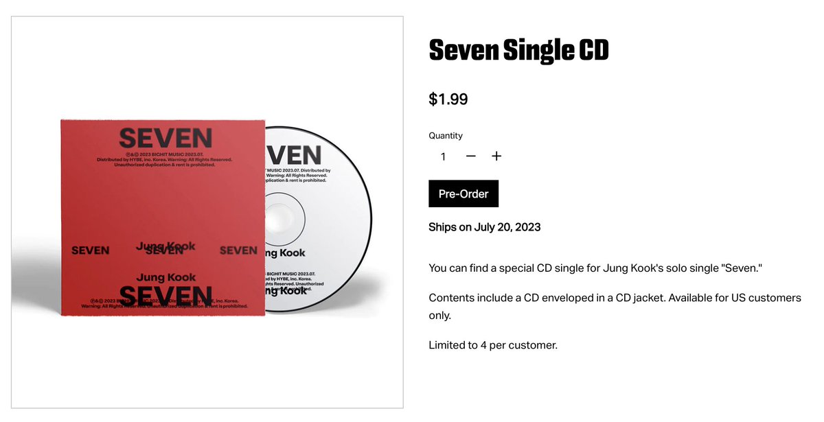 charts_k's tweet photo. Jungkook's "Seven" Single CD has been restocked on @BTS_twt US Store!

Ships on July 20, 2023

https://t.co/woZs3ZvlRe https://t.co/MAJx30MIbX