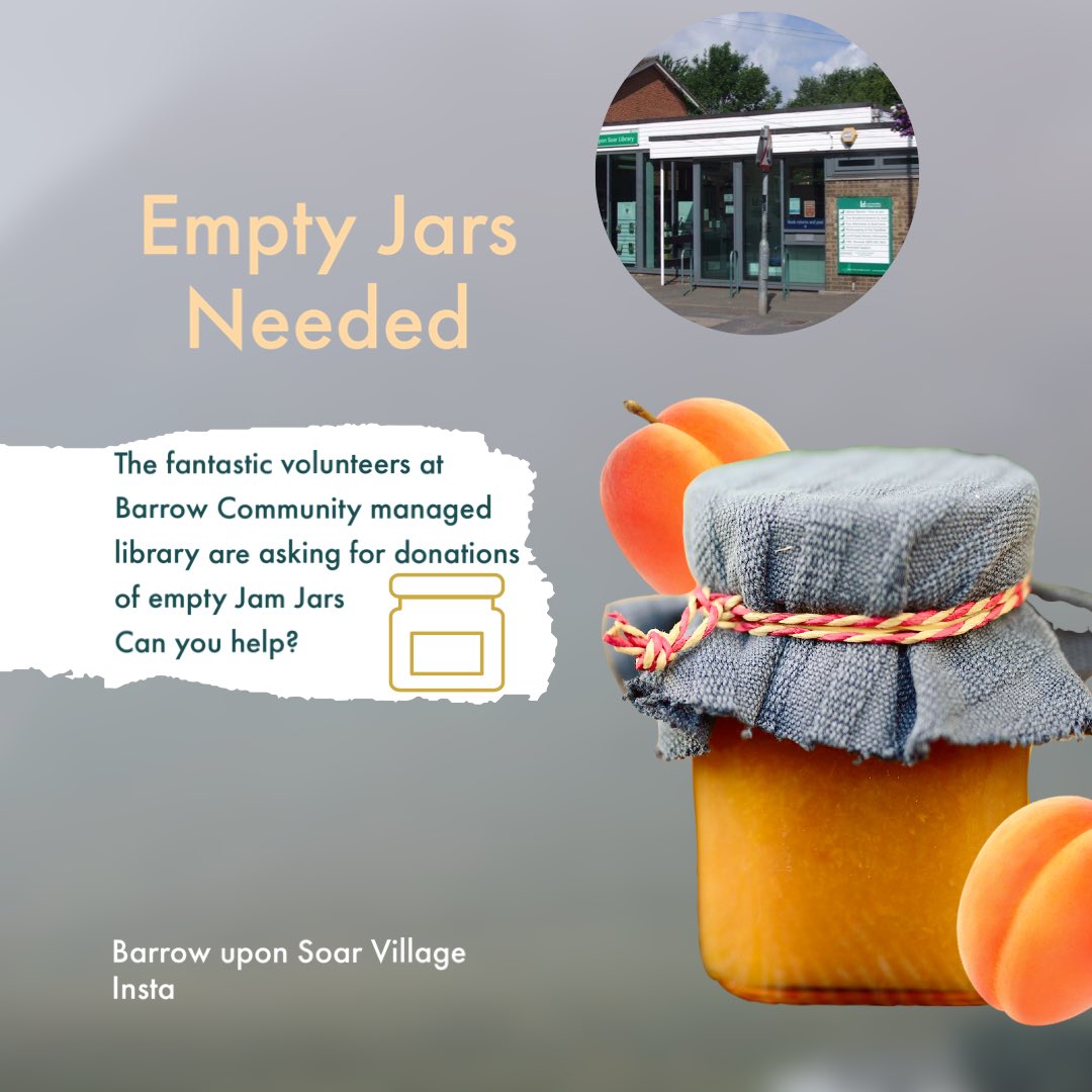 BarrowuSoarVill's tweet image. Barrow upon Soar community managed library is asking for donations of empty (clean!) jam jars.
If you can help out please take them to the library during their opening hours and they will be put to good use #barrowuponsoar #communitylibrary #libraryvolunteers #bookworm