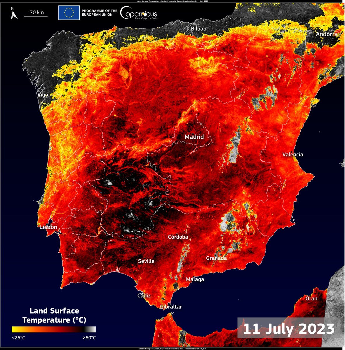 <a href="/sandrousseau/">Sandrine Rousseau</a> Il manque des éléments importants de contexte. Cette mesure, prise par satellite, donne une information de la température de la surface du sol. Elle peut être de 15-20°C supérieure à l'air suivant le type de sol et sa couleur. Il ne s'agit en aucun cas d'une température de l'air.