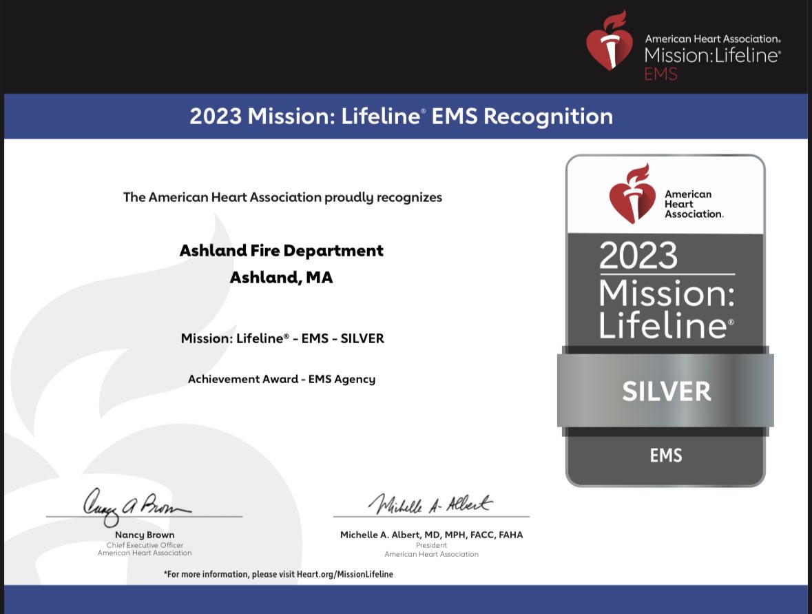 The Ashland Fire Department and our prehospital Paramedics were recently awarded the Mission Lifeline: EMS Silver Award from the American Heart Association.  

This award makes our department part of an elite group of prehospital providers recognized by the AHA.