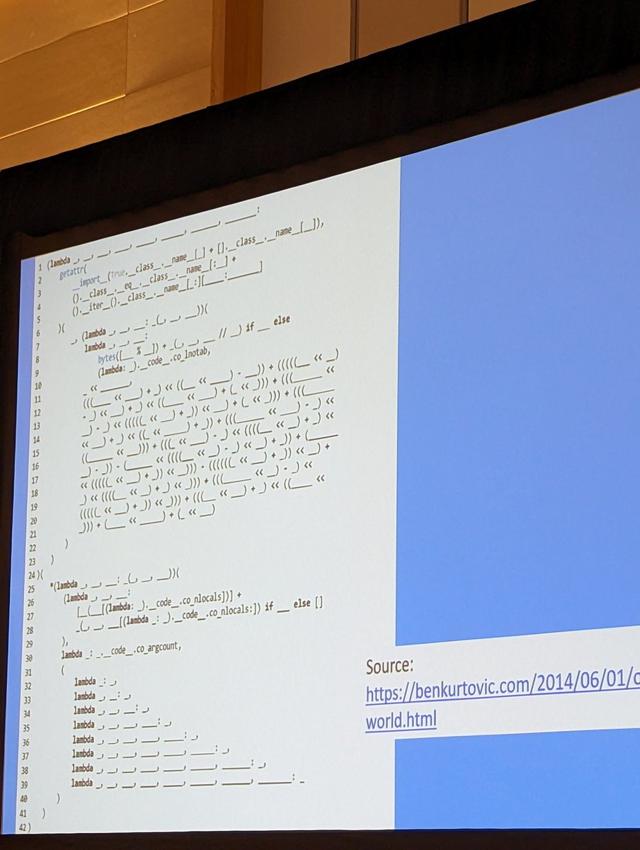 dillonniederhut's tweet image. Obfuscated &quot;hello world&quot; in Python 😂

#SciPy2023