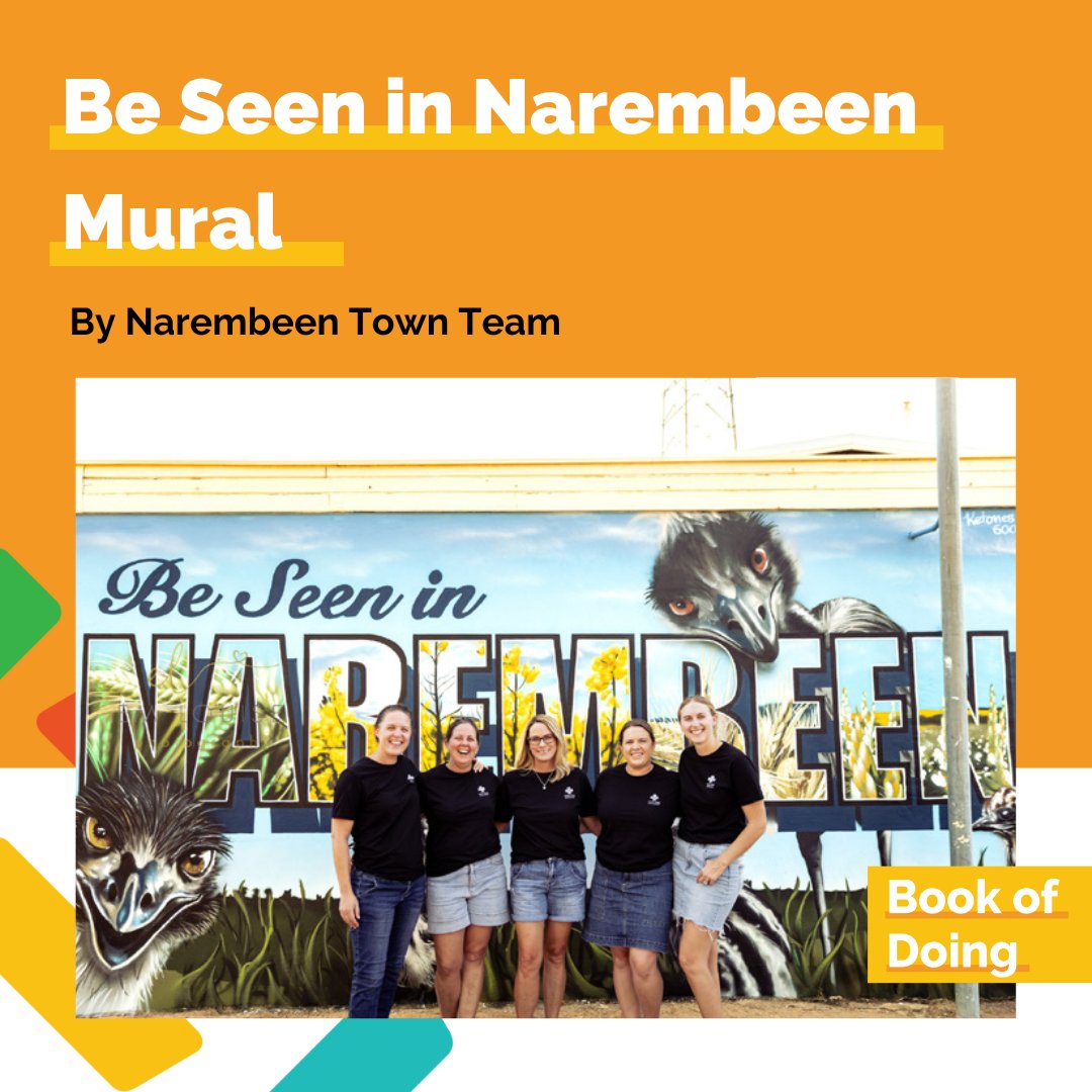 Narembeen Town Team turned a vacant wall into the insta-worthy 'Be Seen in Narembeen' mural, in collaboration with Jermone Davenport Visual Artist. It's a celebration of the local indigenous meaning of the town - 'the place of female emus' bit.ly/3zy4UvJ <a href="/RACWA/">RAC WA</a>