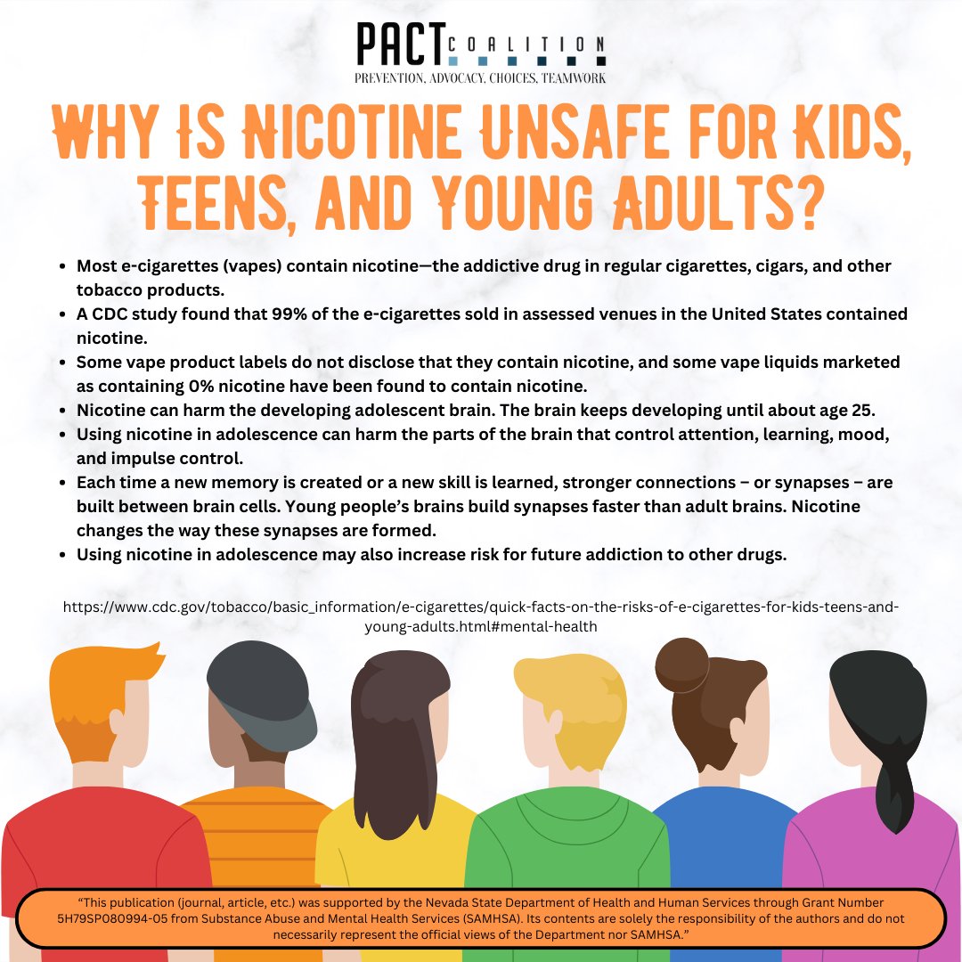 PACTCoalition's tweet photo. Learn more about quick facts on the risks of e-cigarettes for kids, teens, and young adults at https://t.co/exuadofNog

#CDC #Vaping #Nicotine #DevelopingBrain #YouthPrevention #VapingPrevention #PACT #PACTCoalition https://t.co/NwiBSlP46q