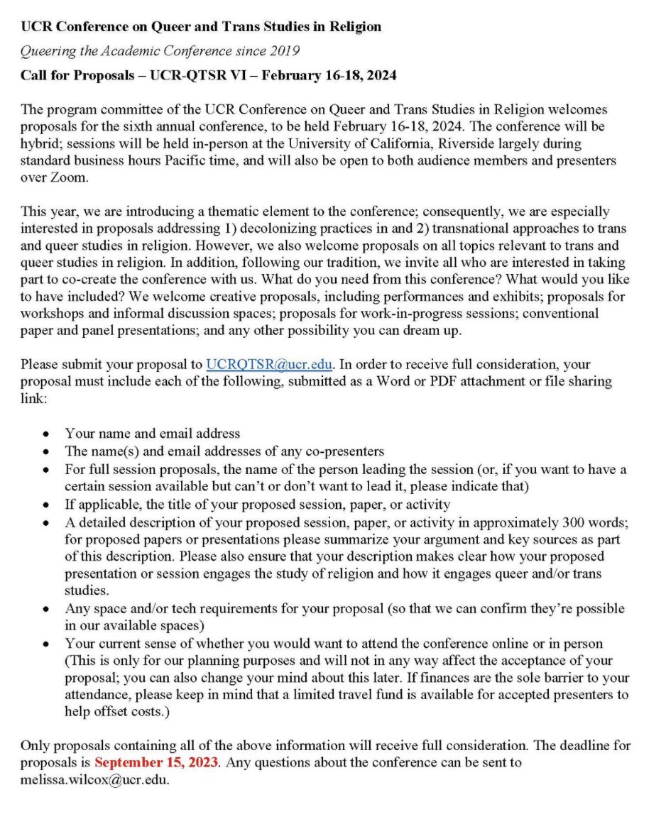 UCR Call for Proposals for upcoming Conference on Queer and Trans Studies in Religion (Feb 16-18, 2024)!