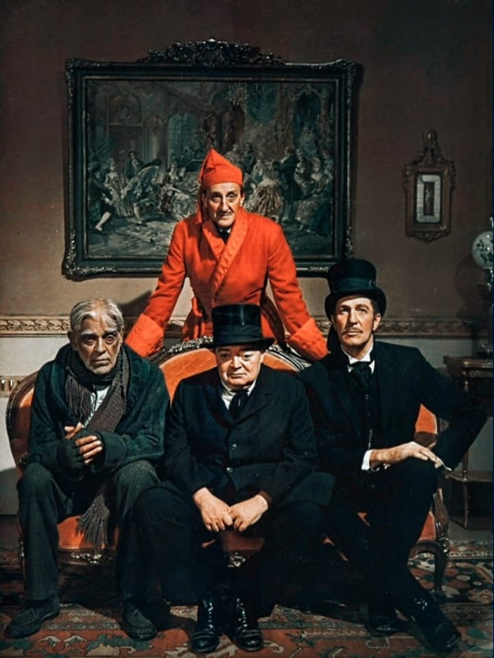 💀Vincent Price in long hat, Basil Rathbone in red Bathrobe, Boris Karloff scarf no hat, Peter Lorre in mid center, 20th century monster masters🎨FB: Universal Monsters Forever💀#BorisKarloff #VincentPrice #BasilRathbone #PeterLorre #Universal #Mosnter #Macabre #Horror