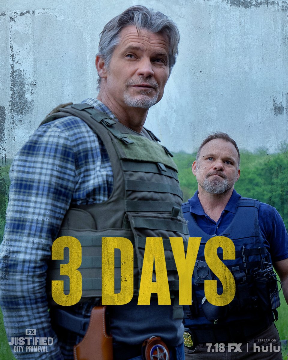JustifiedFX's tweet photo. Three days until Raylan Givens returns! FX’s Justified: City Primeval premieres July 18 on FX. Stream on Hulu. #JustifiedFX #CityPrimevalFX https://t.co/BtTMtoqFG3