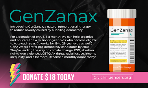 CivicInfluencer's tweet image. #ClimateEmergency. An unhinged Extreme Court. Generational #gerrymandering.

There’s a lot to be anxious about. Luckily, we have a treatment that can help you feel more hopeful about the future.

We call it GenZanax. And it’s only $18 a month!

Text GENZ to 44-321 to learn more!