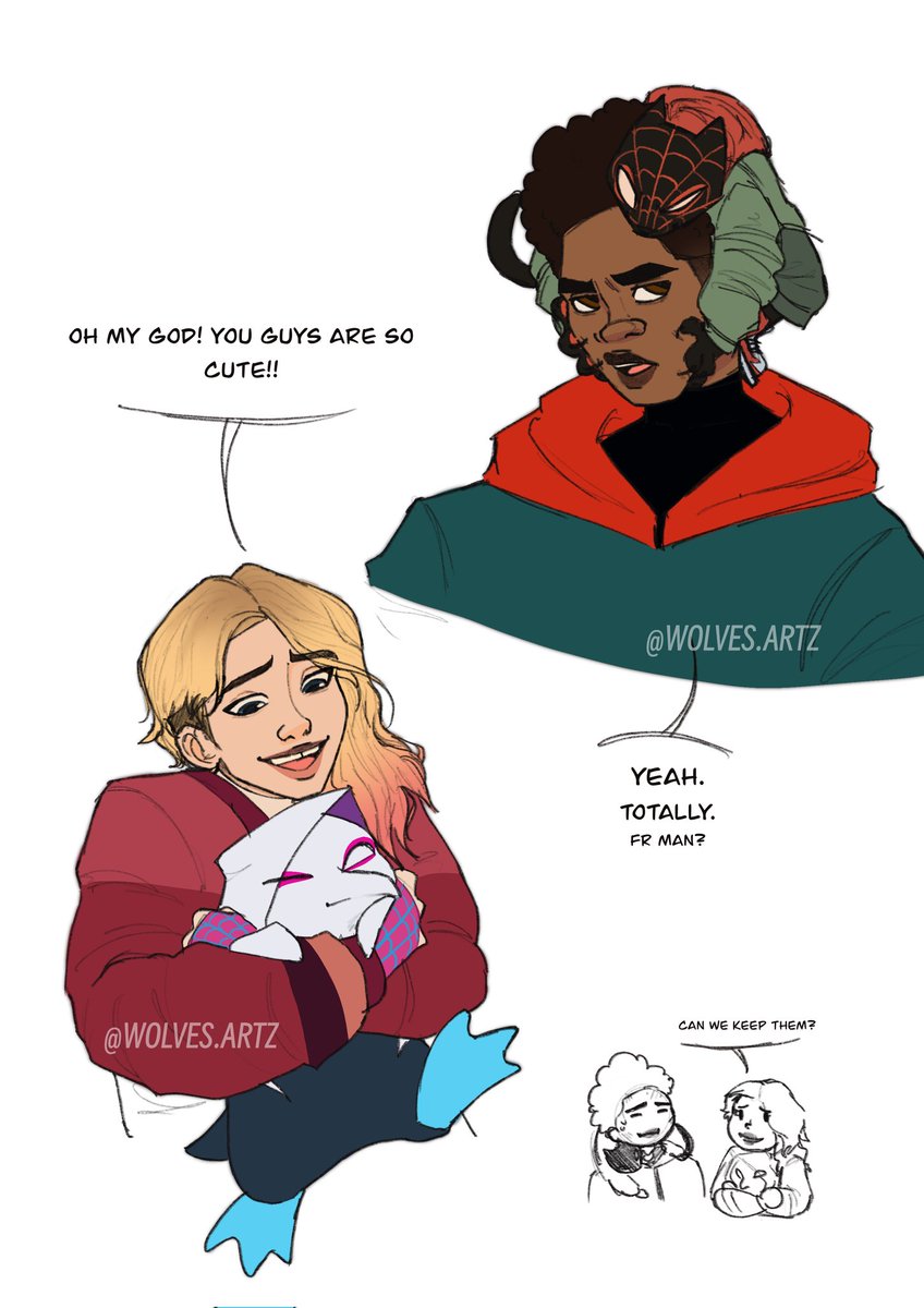 Honestly I'd want to adopt them too :> #GwenStacy #spiderguin #MilesMorales #MeowsMorales