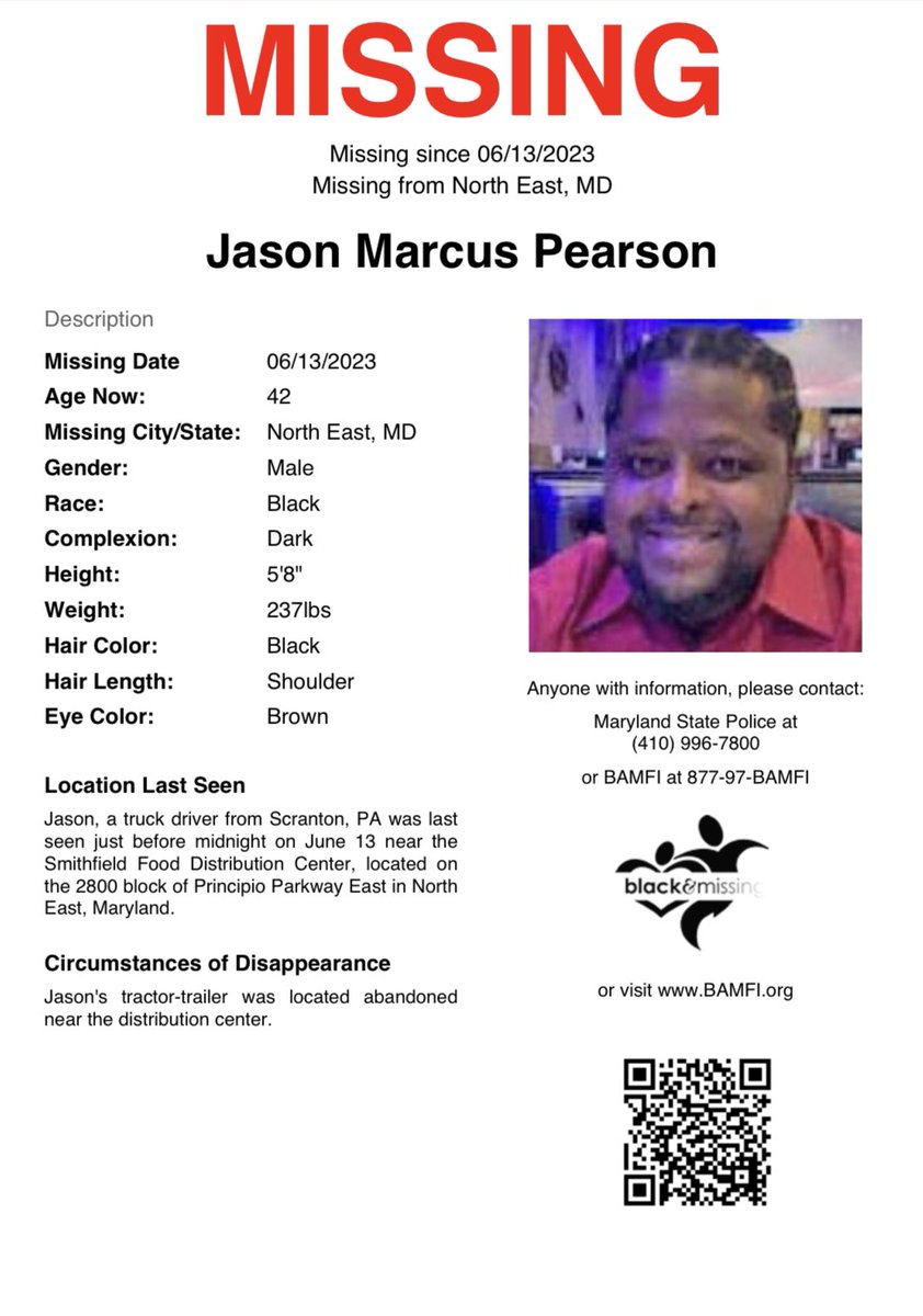 BAM_FI's tweet photo. North East, MD: 42 y/o Jason Pearson was last seen just before midnight on June 13th near the Smithfield Food Distribution Center. His tractor-trailer was located abandoned near the center. #HelpUsFindUs #JasonPearson https://t.co/oRhWIci3ej