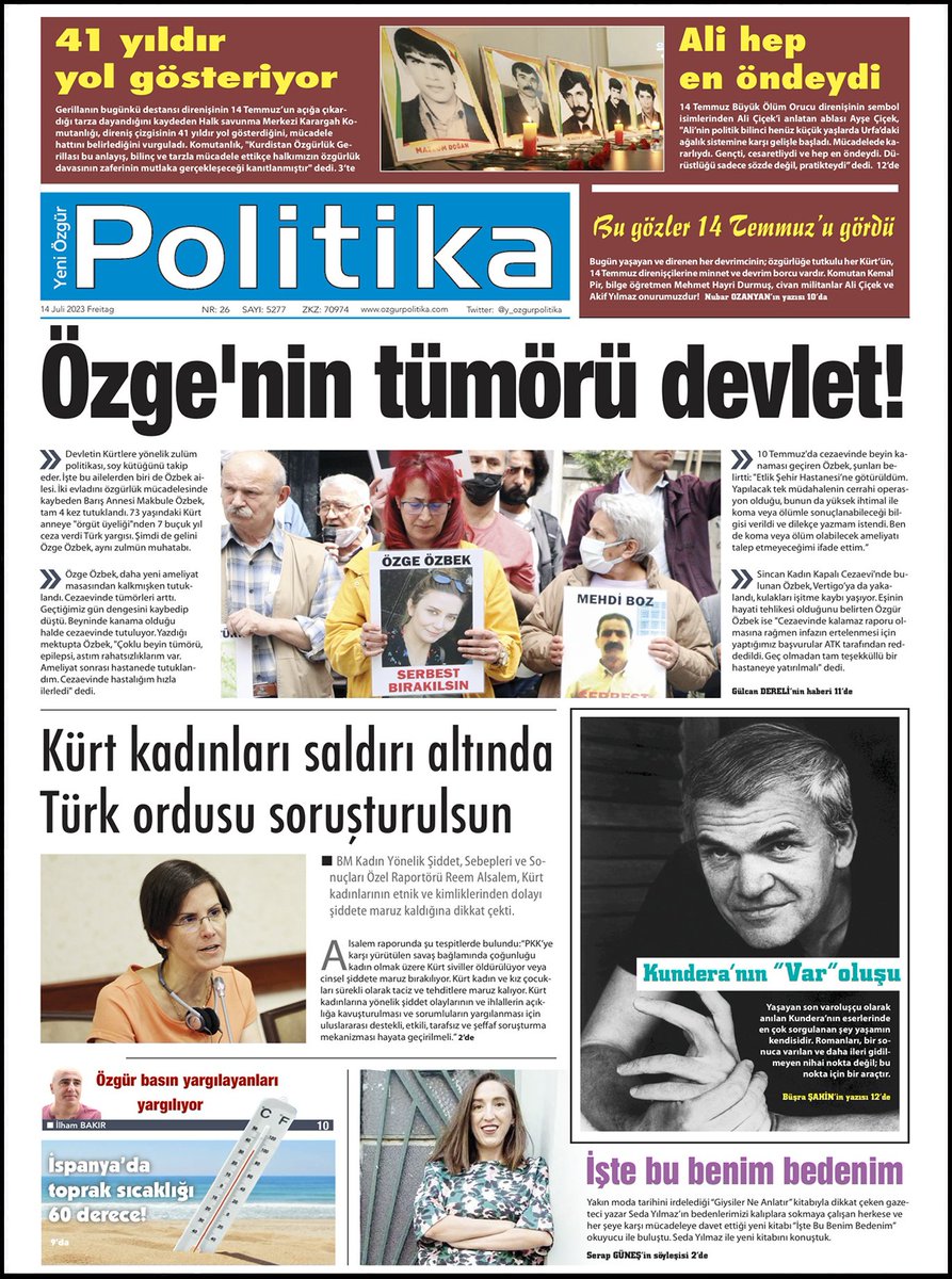 📌Özge'nin tümörü devlet!
◾️4 kez tutuklanan, 7 yıl hapis cezası alan barış annesi Makbule Özbek'in (75) yaşadığı zulmün muhatabı şimdi de gelini Özge Özbek oldu.Ameliyattan cezaevine gönderilen Özge'nin hastalığı hızla ilerliyor, raporlara rağmen infazı ertelenmiyor.