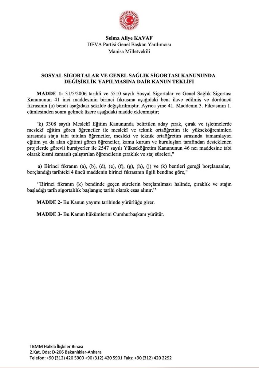 devapartisi's tweet photo. "Kanun teklifimiz vatandaşlarımıza; çıraklık ve stajyerlik dönemlerinde geçirdikleri çalışma sürelerini uzun vadeli sigorta kolları için borçlanabilme hakkını tanımayı amaçlamaktadır."

Milletvekilimiz @SelmaKavaf Sosyal Sigortalar ve Genel Sağlık Sigortası Değişikliği hakkında Kanun Teklifini TBMM'ye sundu.