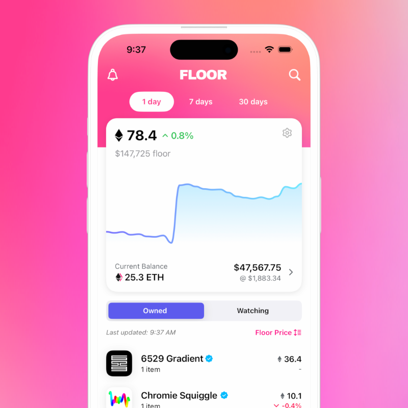 rally_xyz's tweet photo. Tired of tabs and spreadsheets to track your portfolio? 

Introducing the Floor app 📱 Your home for everything NFTs:

👛 Link multiple wallets
🔔 Get notified on price movement
🔎 Curate a custom watchlist
⛓ Support for ETH, Solana &amp; Polygon
👀 ...and more!