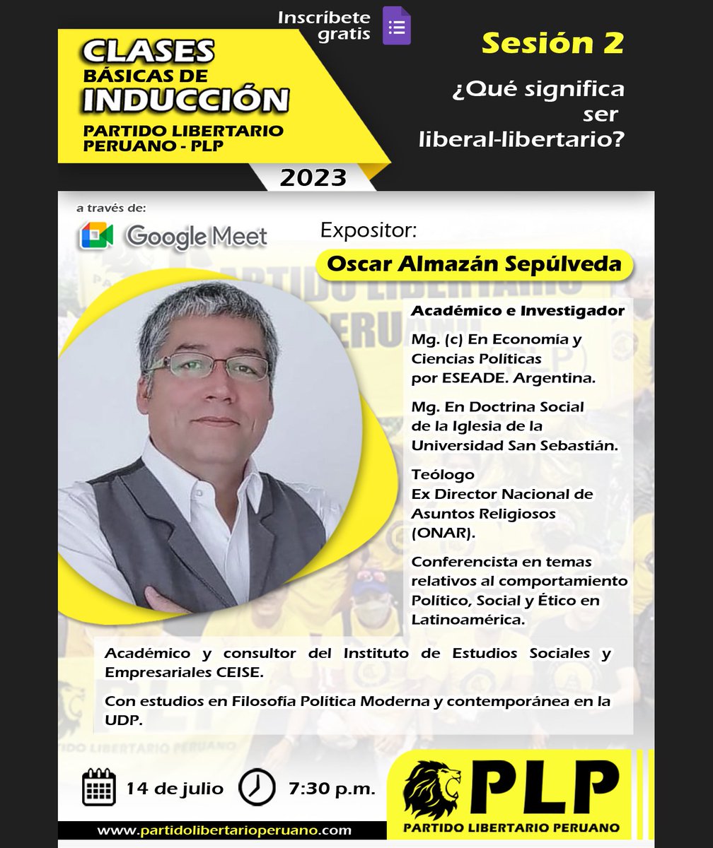 PLPperu's tweet photo. Segunda sesión de las Clases Básicas de Inducción al Partido Libertario Peruano (PLP)
¿Qué signifíca ser un liberal-libertario?
Inscríbete gratuitamente:
https://t.co/7vYMeJBRUu https://t.co/Y4bUy5Tzl5
