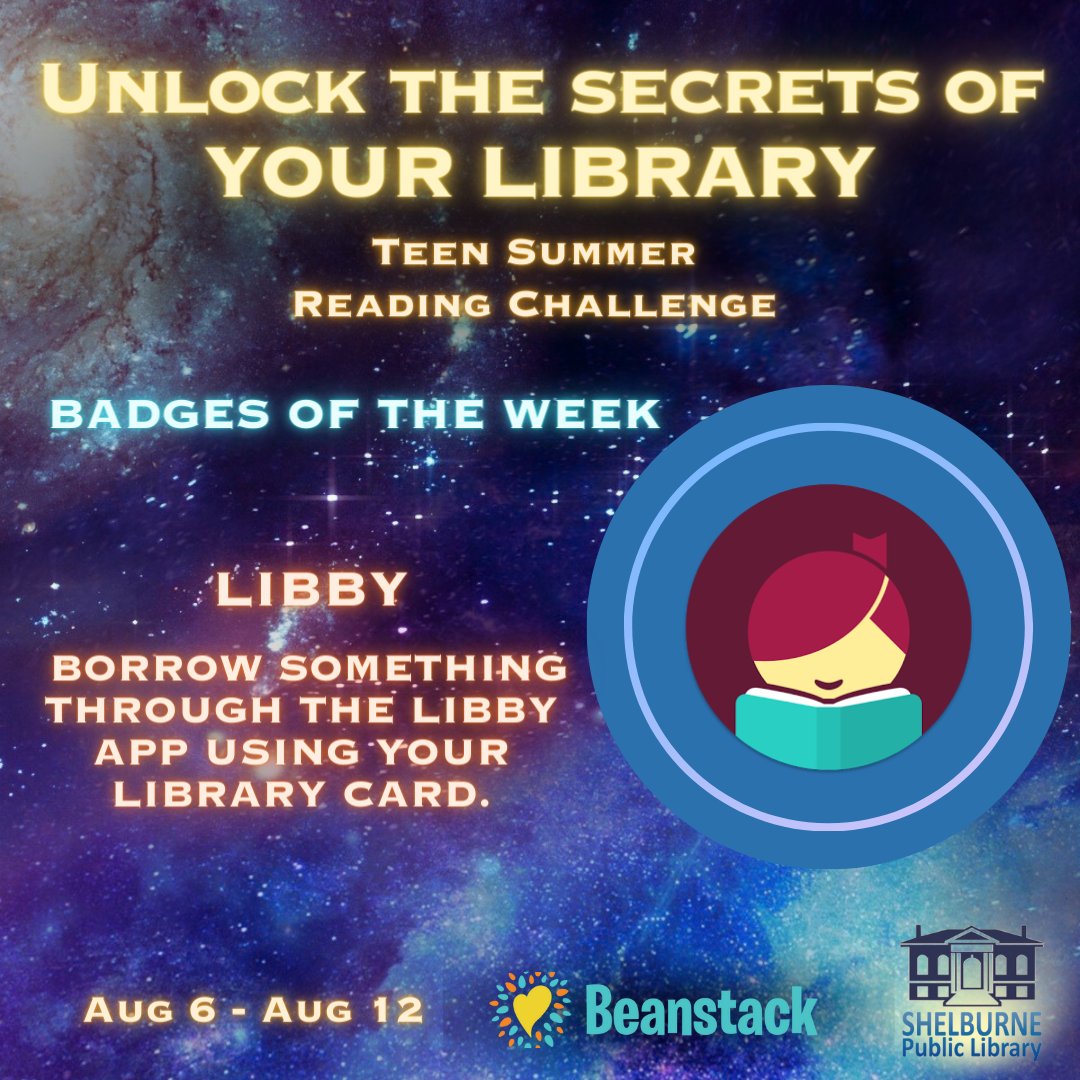 ShelburnePL's tweet photo. Teens! Check out the FREE #Libby app and borrow something using your library card for this week’s #TSRC2023 badge! 📱 https://t.co/zpi4xOTl5s https://t.co/7ML74Owcmy