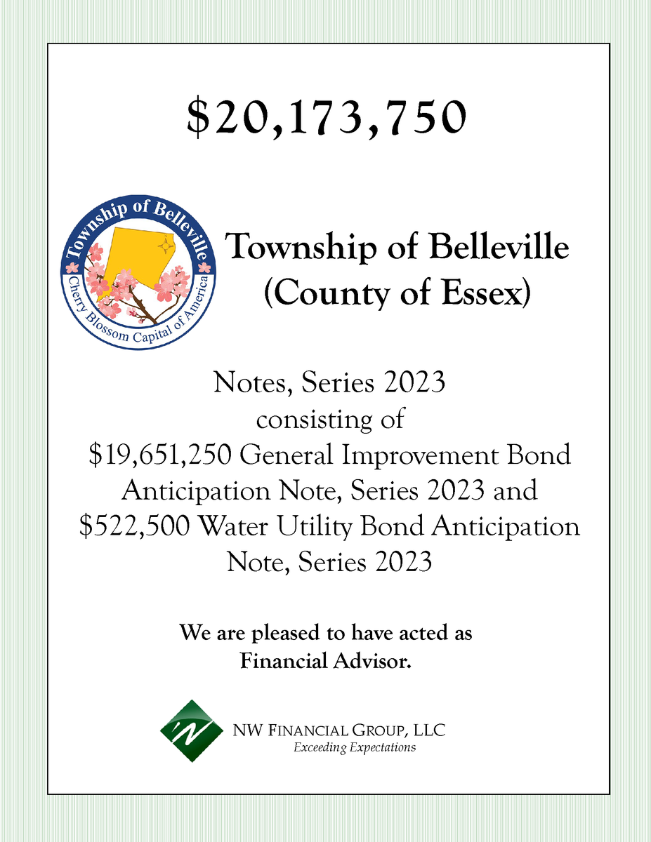 NWFinancialGrp's tweet photo. NW Financial served as Financial Advisor to the Township of Belleville on the following note transaction which closed on July 10, 2023.

#financialadvisor #municipalfinance #finance #nwfinancial #belleville #BellevilleNJ #countyofessex #essexcountynj #newjersey https://t.co/boiGMIk3Y2