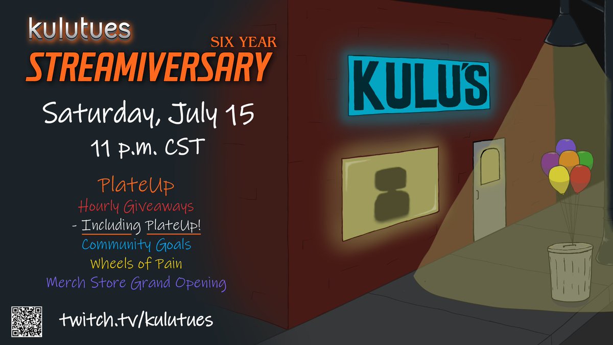 Kulutues2332's tweet photo. This Saturday, July 15th, 11P.M. CST, I'll be hosting my special Streamiversary, with #Giveaways, #PlateUp, Community/Personal sub goals, Wheel of Pain... tons of stuff.
Come by and hang out, maybe get yourself a free game.

https://t.co/lGgFv9I4e8 https://t.co/JNi4pJGlOO