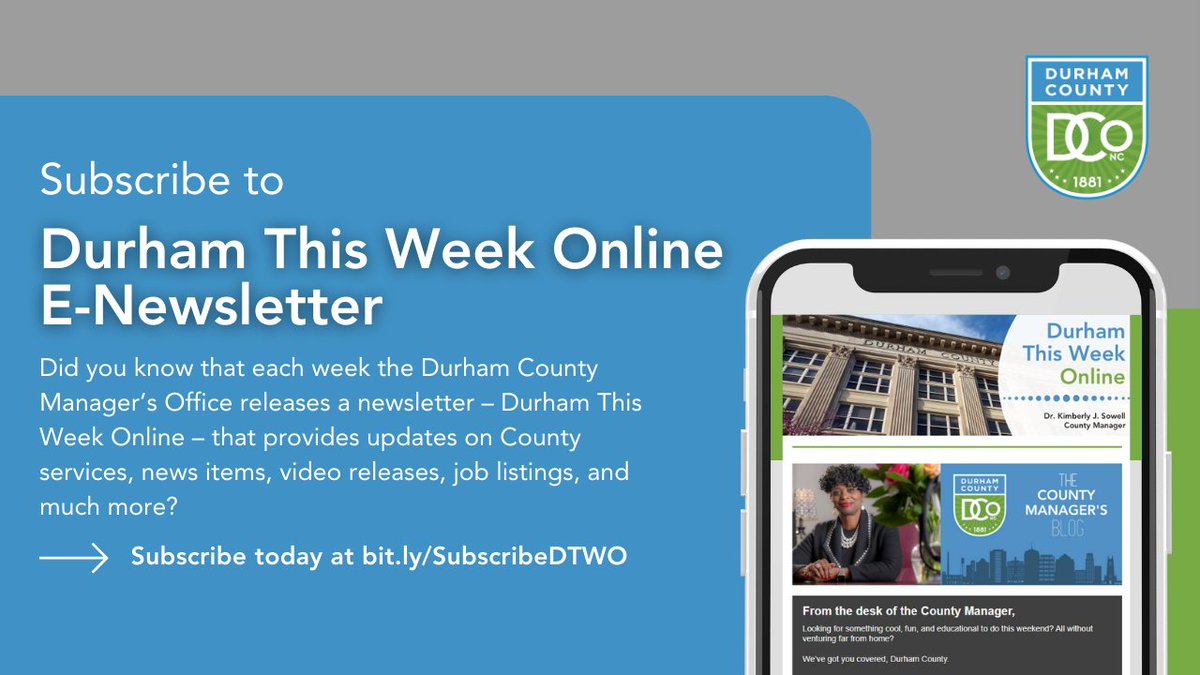 DurhamCounty's tweet photo. Did you know that each week the Durham County Manager’s Office releases a newsletter – Durham This Week Online – that provides updates on County services, news items, video releases, job listings, and much more?
Subscribe today at https://t.co/c0ICCA0XfP https://t.co/SDP4kQEvV6